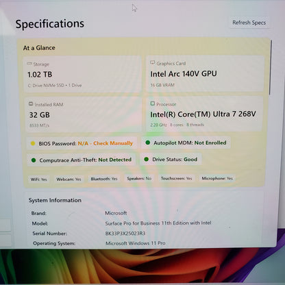 Microsoft Surface Pro 11 Business 2103 13" Ultra 7 268V 2.2GHz 32GB RAM 1TB SSD