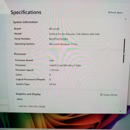 Microsoft Surface Pro 11 Business 2103 13" Ultra 7 268V 2.2GHz 32GB RAM 1TB SSD